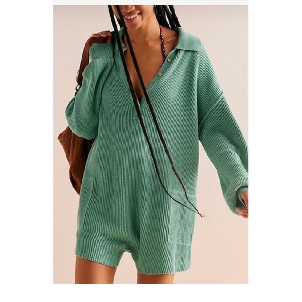 Free People‎ Beach Green Ribbed Knit Romper Linen Blend Button Front XS
